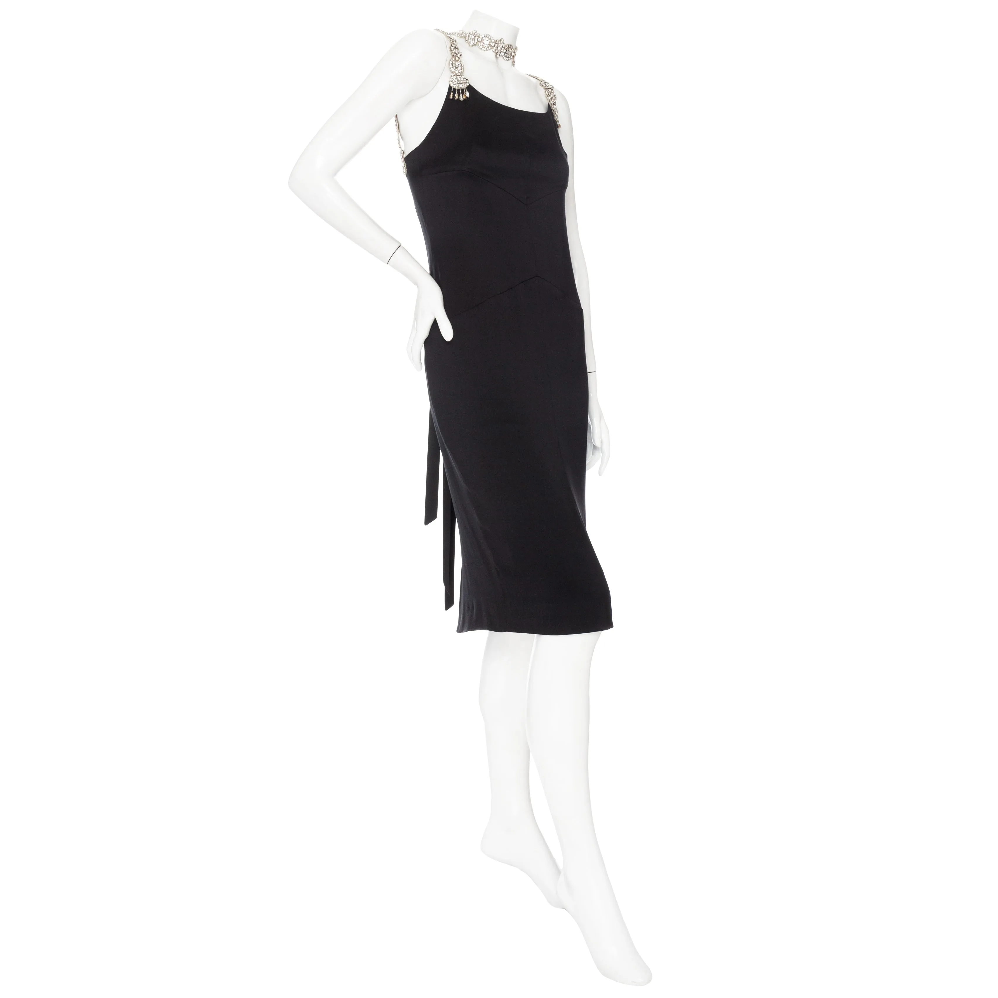 2004 Black Silk and Crystal Strap Halter-Neck Sheath Dress