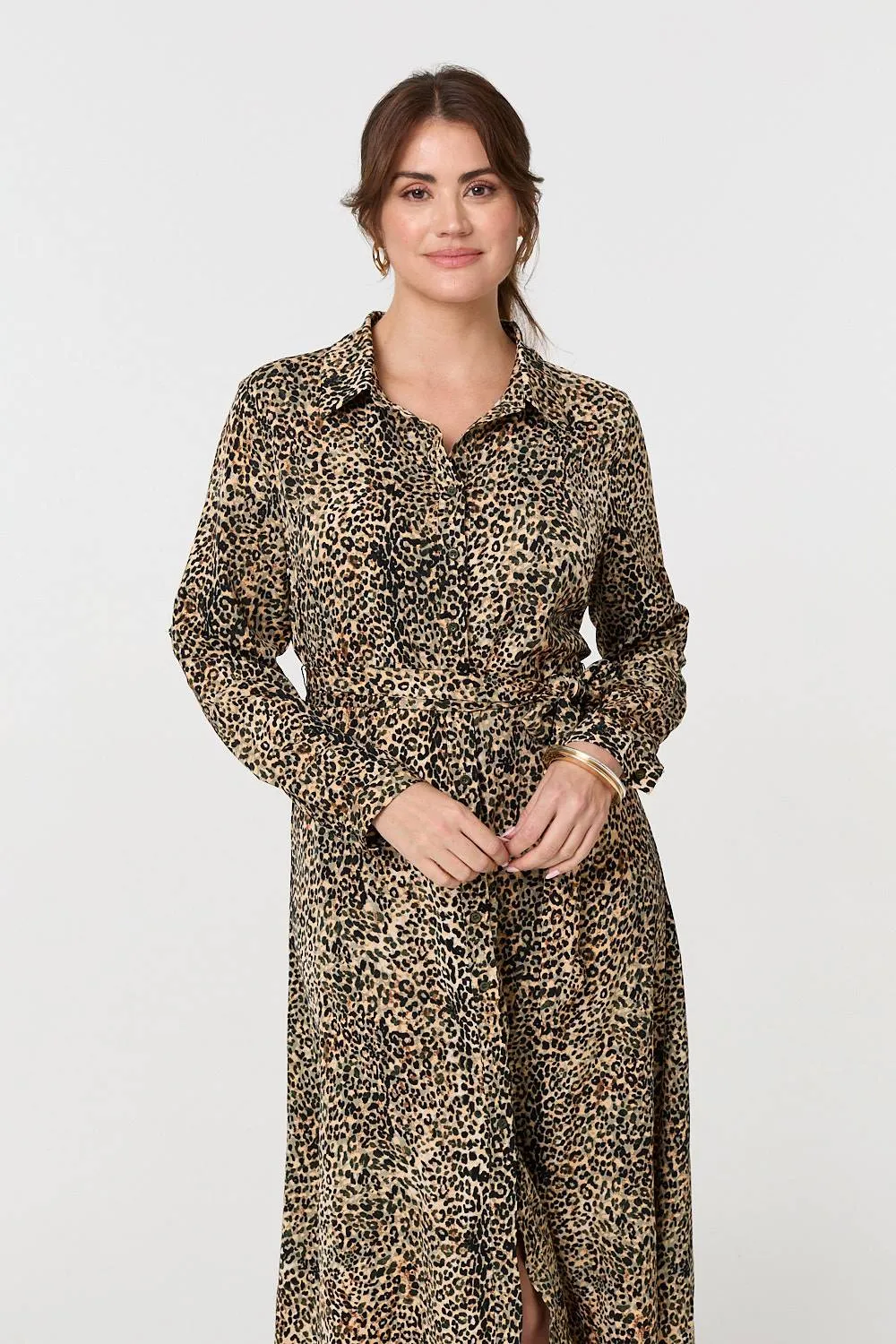 Animal Print Tie Waist Midi Shirt Dress