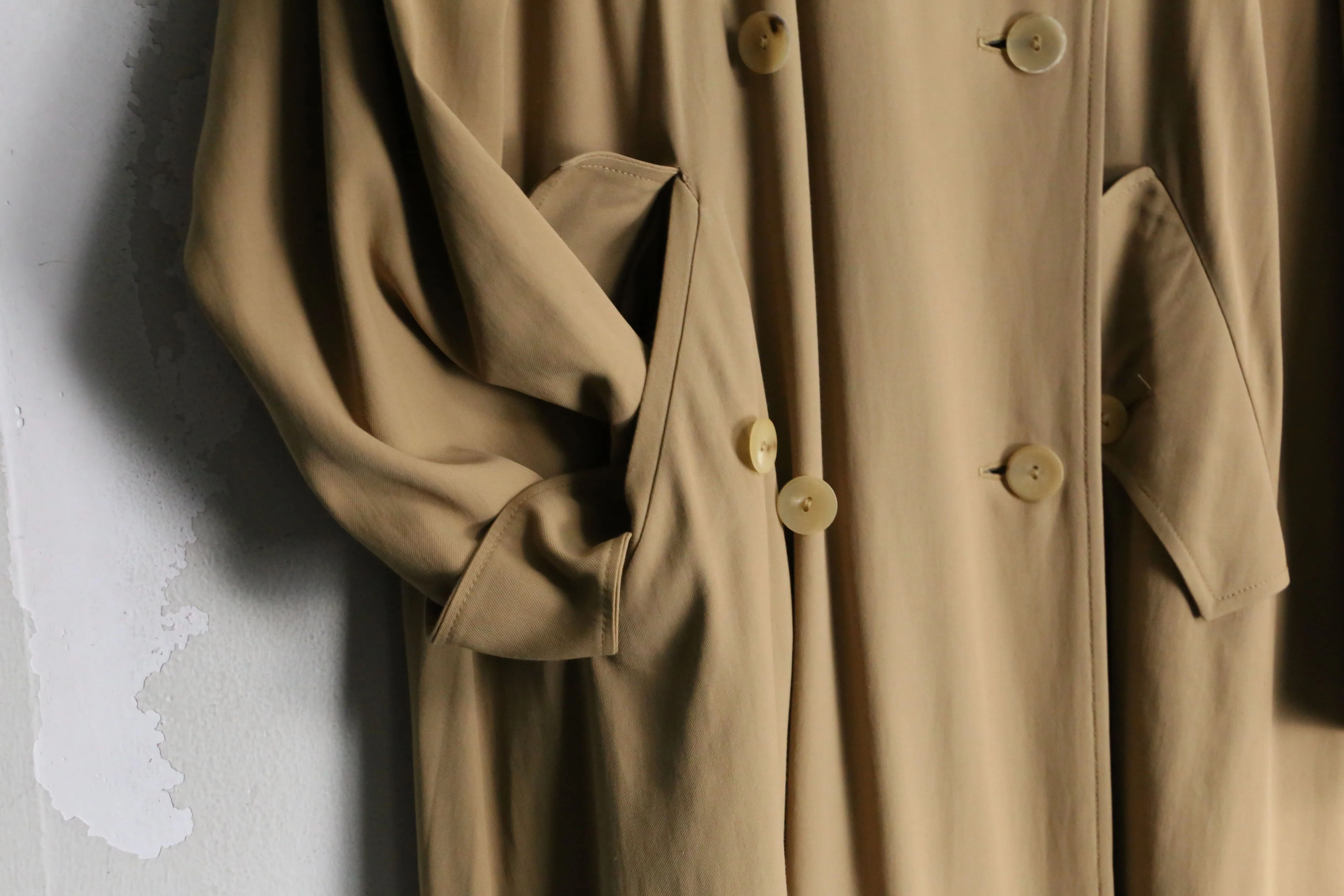 beige drape silhouette long trench coat