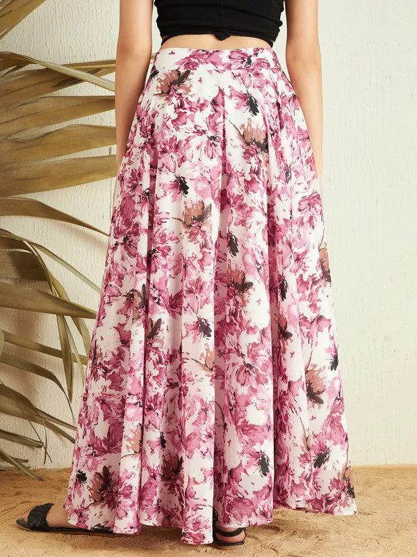 Berrylush Women White & Pink Floral Printed High-Rise Waist Slip-On Pleated A-Line Maxi Skirt