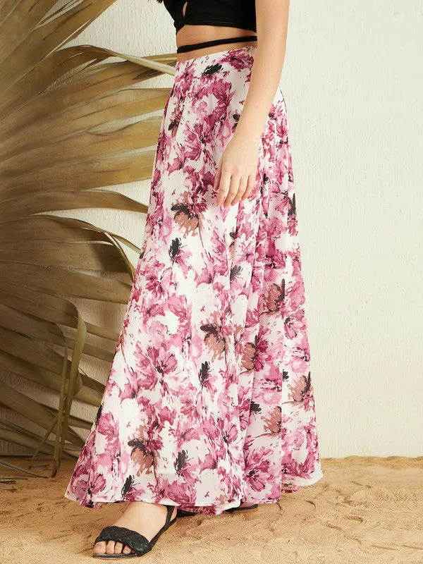 Berrylush Women White & Pink Floral Printed High-Rise Waist Slip-On Pleated A-Line Maxi Skirt