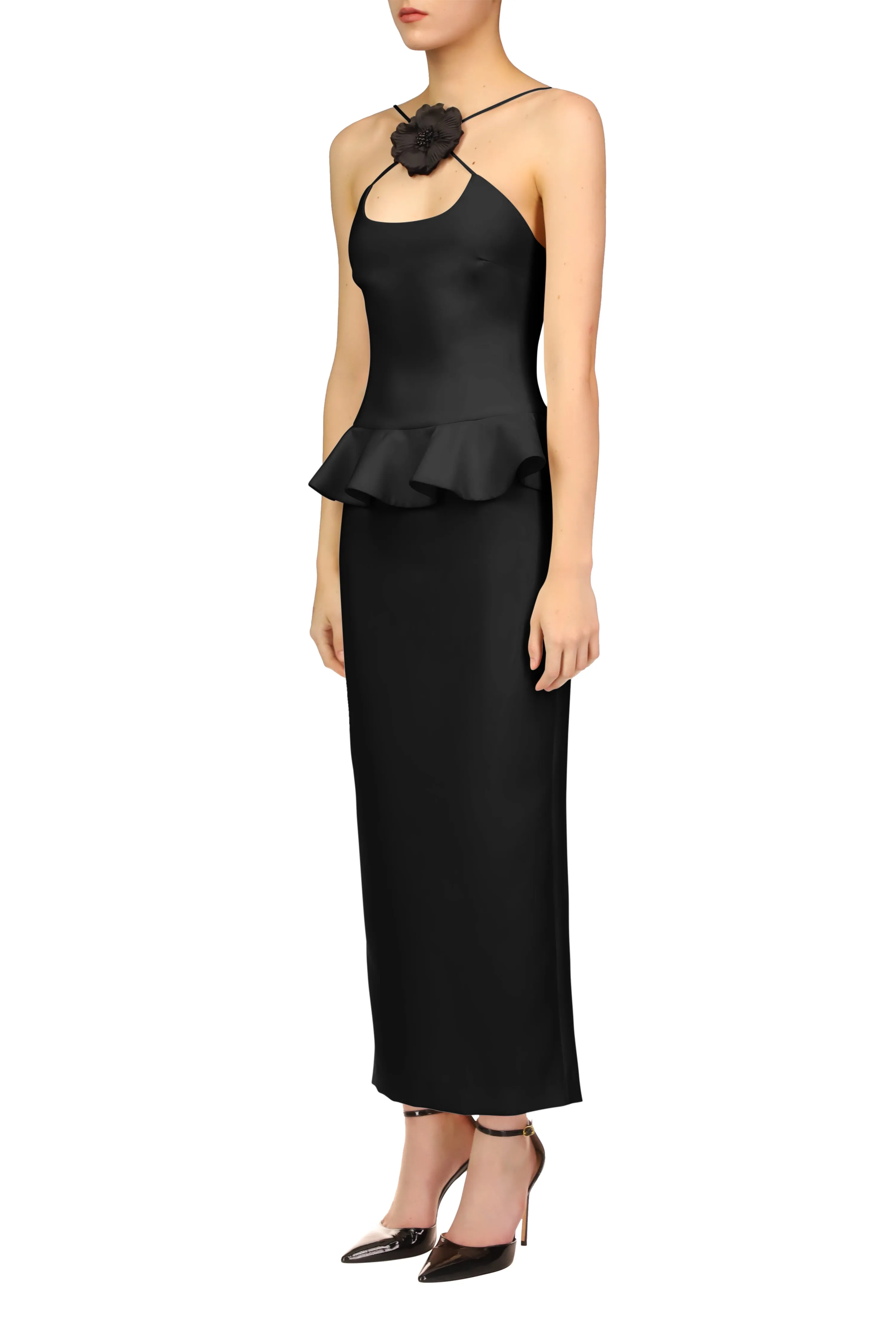 Black Crepe Dress With Peplum Detail And Flower Pin