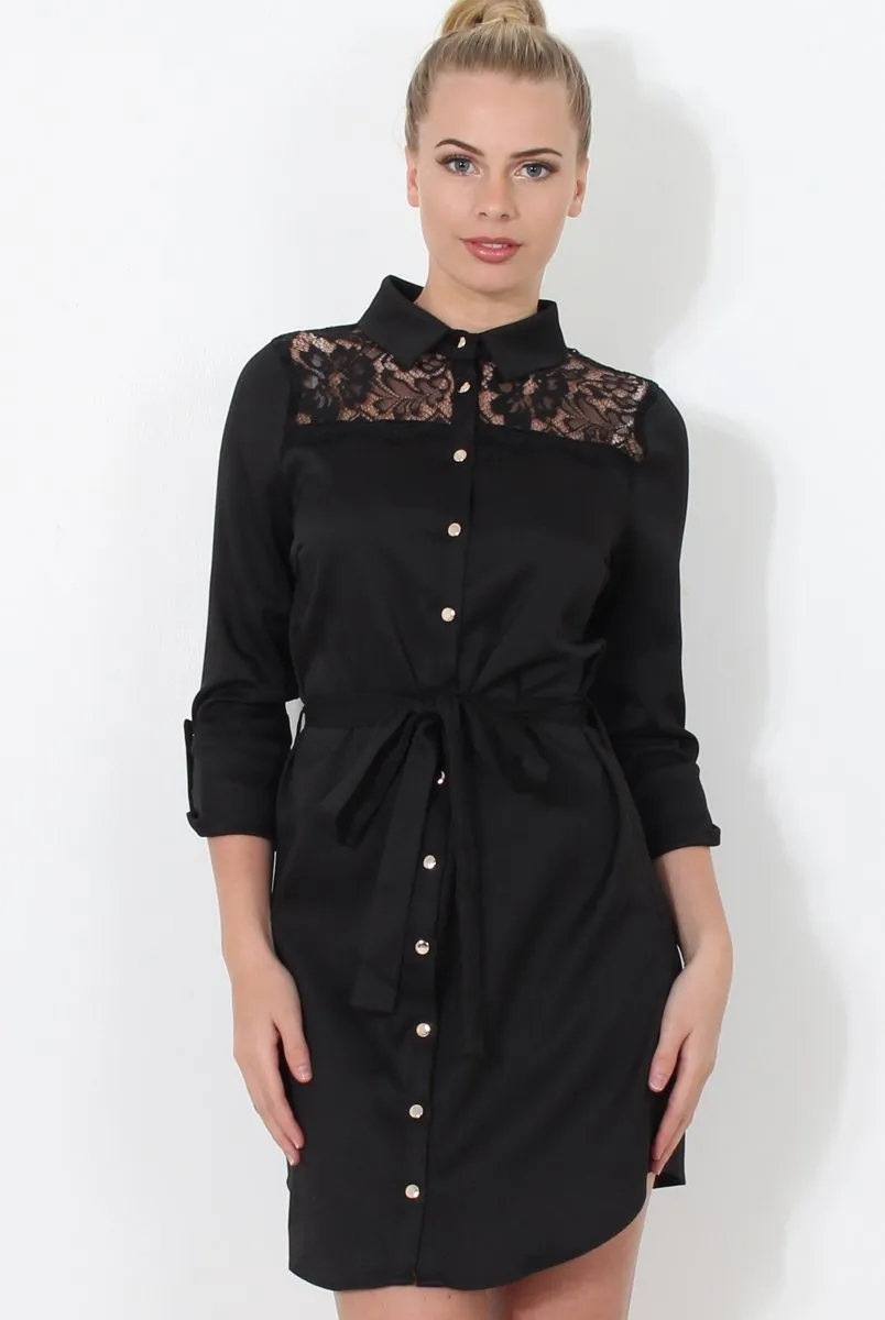 Black Lace Detail Shirt Dress- Elvi