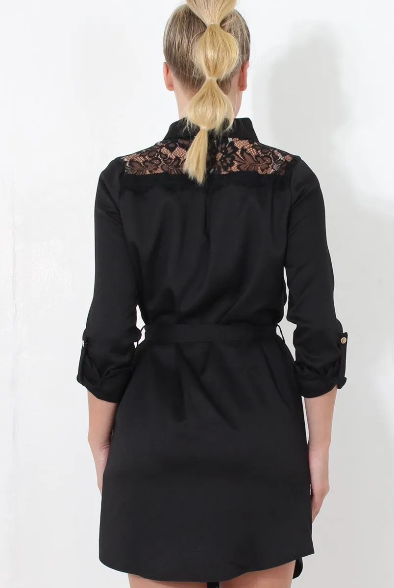 Black Lace Detail Shirt Dress- Elvi