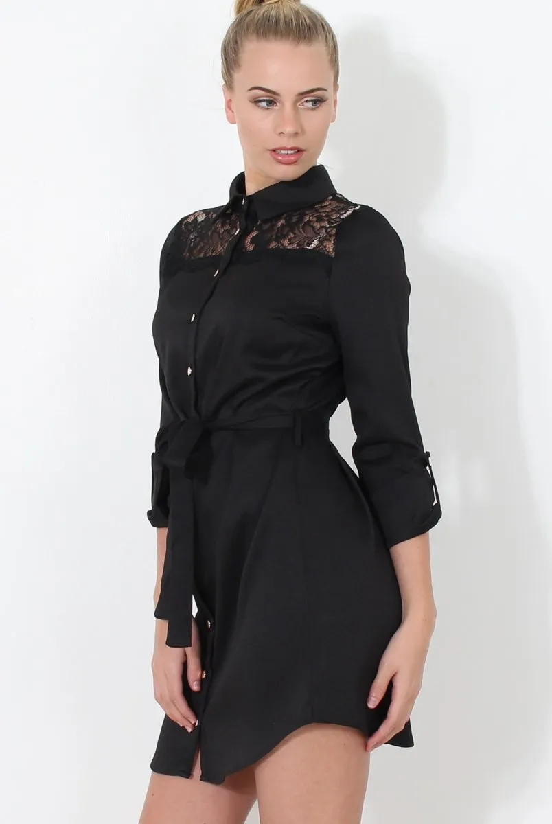 Black Lace Detail Shirt Dress- Elvi