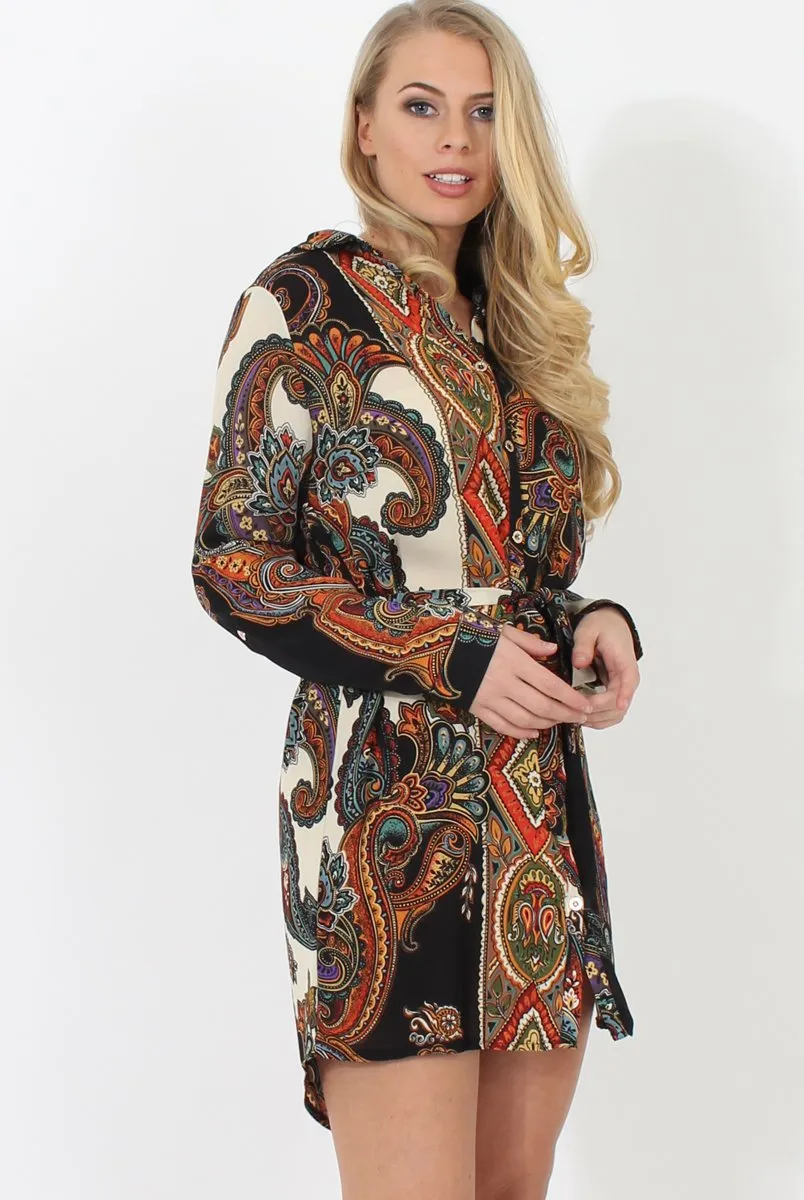 Black Paisley Print Shirt Dress - Pearl