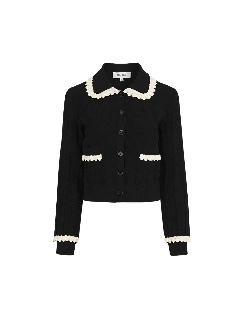 BORA AKSU Contrast Lapel Twisted Ruffles Knit Cardigan