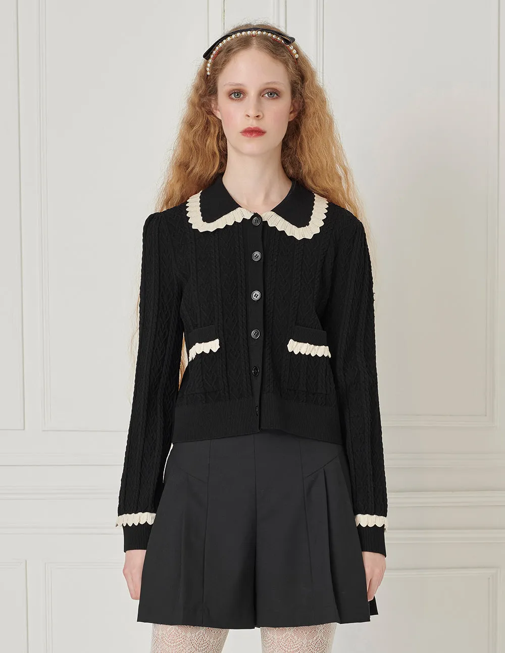 BORA AKSU Contrast Lapel Twisted Ruffles Knit Cardigan