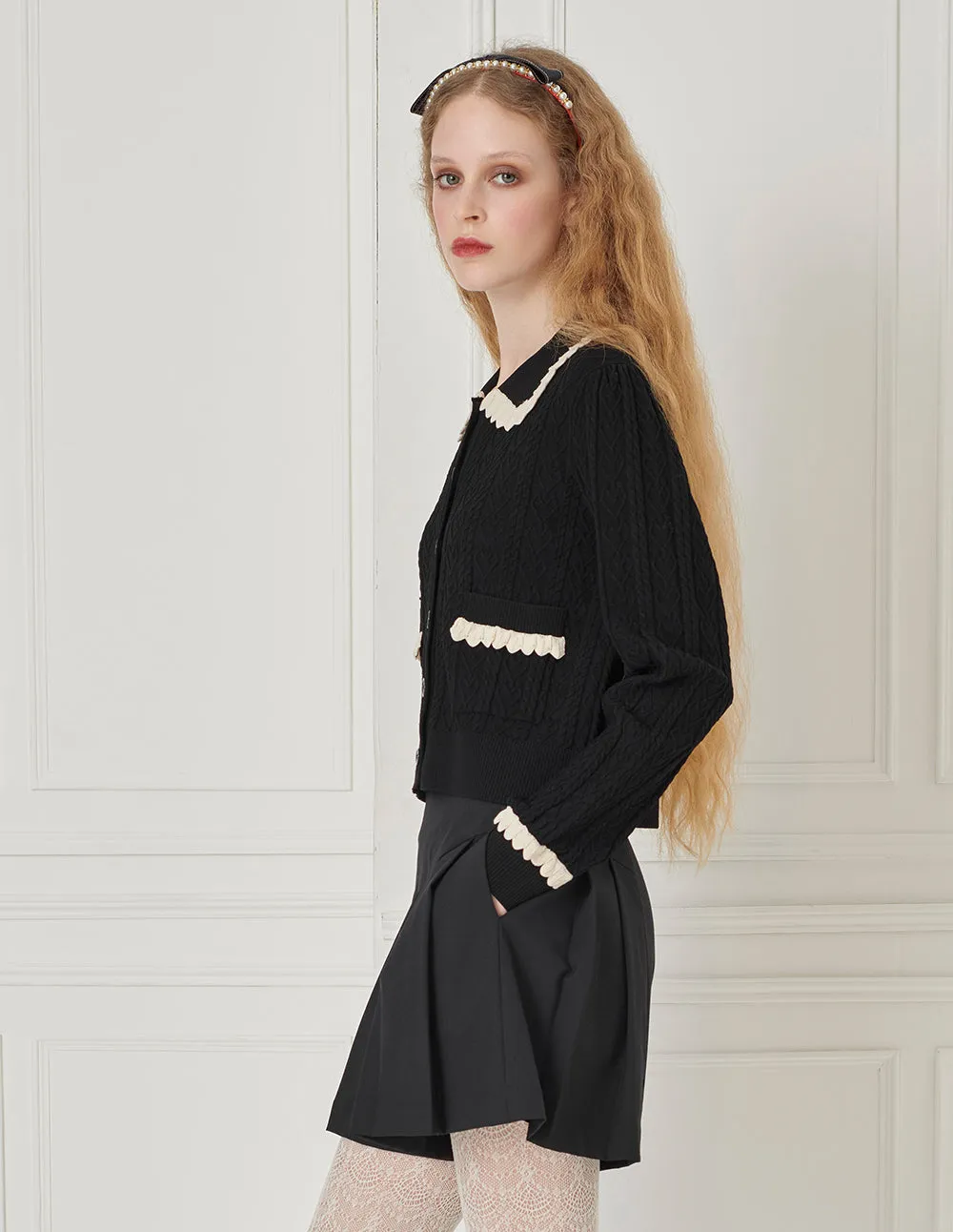 BORA AKSU Contrast Lapel Twisted Ruffles Knit Cardigan