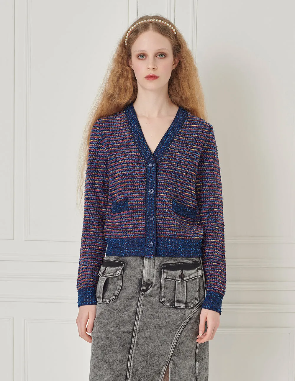 BORA AKSU Imitation Tweed Small Fragrant V-Neck Mixed Color Knitted Cardigan