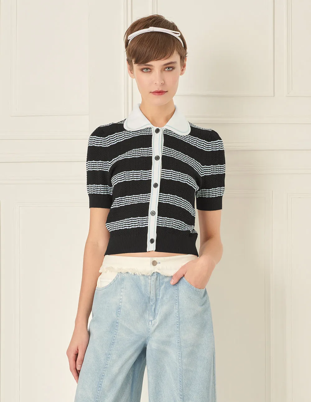 BORA AKSU Striped Peter Pan Collar Short-Sleeved Knitted Cardigan