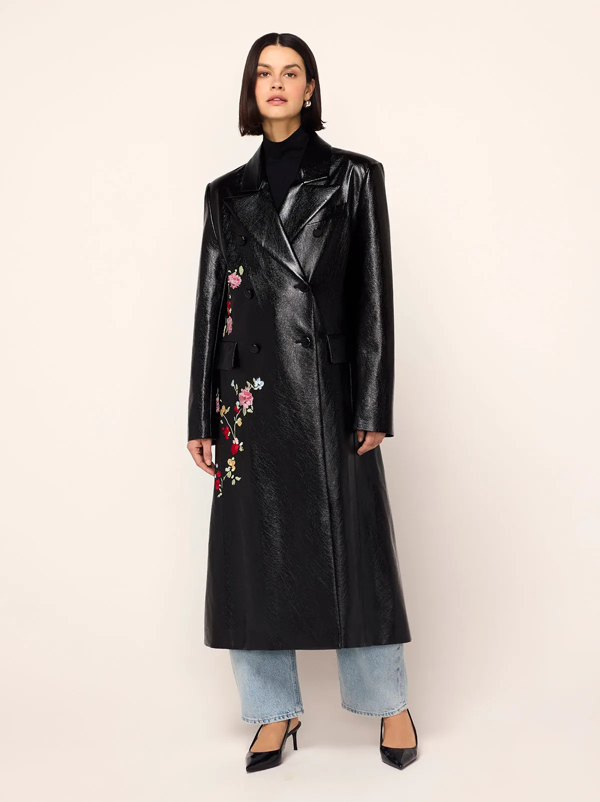 Brogan Oversized Black Embroidered Vinyl Coat