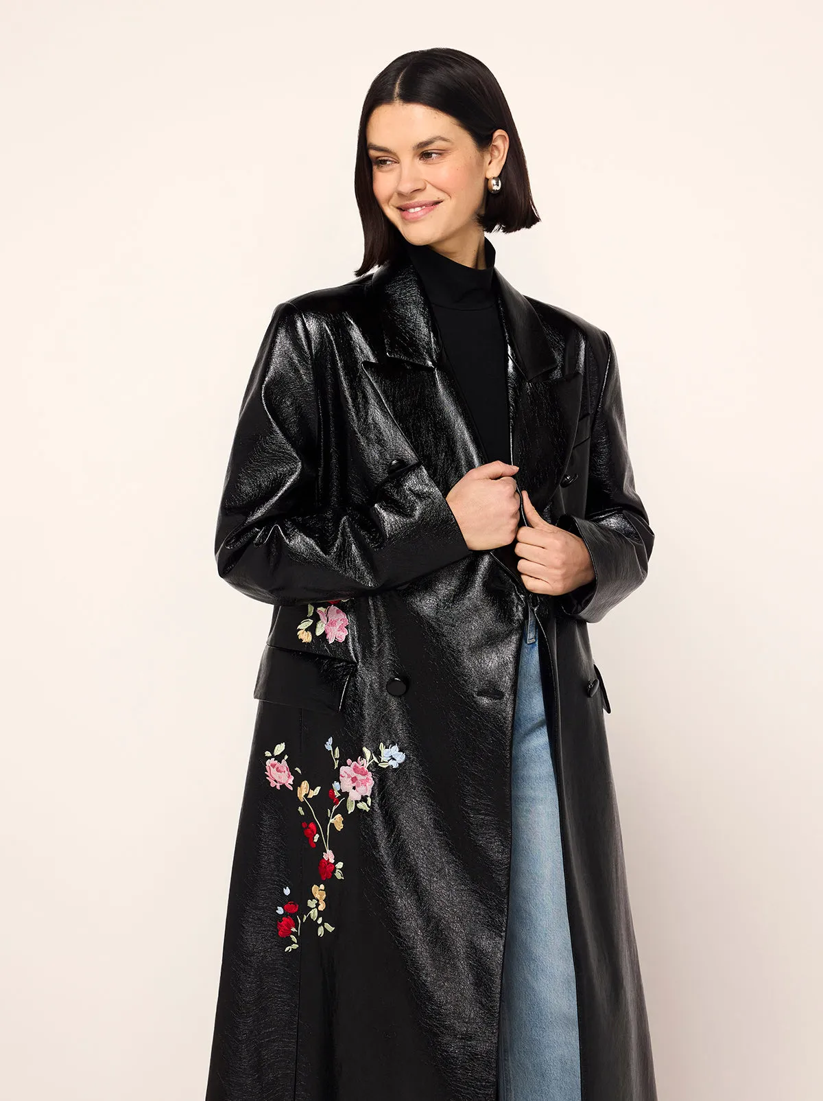 Brogan Oversized Black Embroidered Vinyl Coat