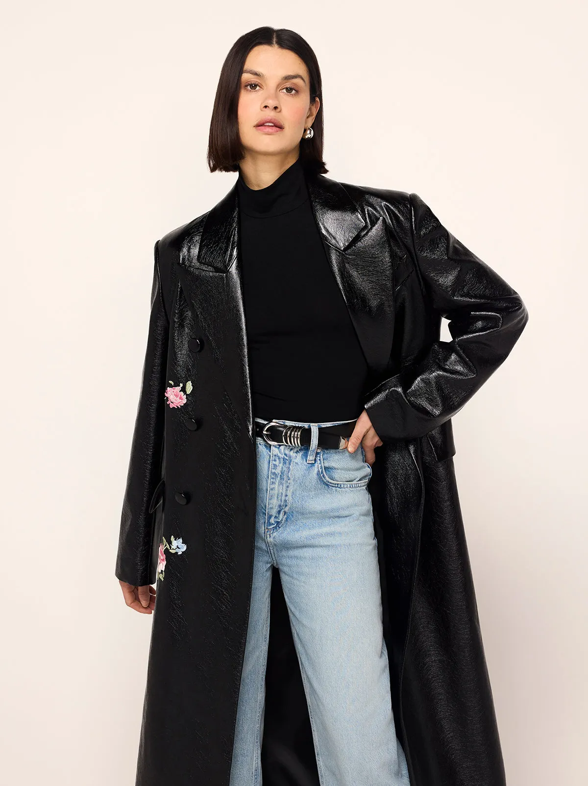 Brogan Oversized Black Embroidered Vinyl Coat