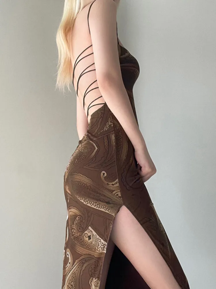 Brown Lace Up Mesh Slit Backless Dress