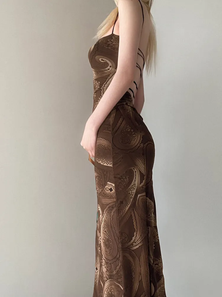 Brown Lace Up Mesh Slit Backless Dress