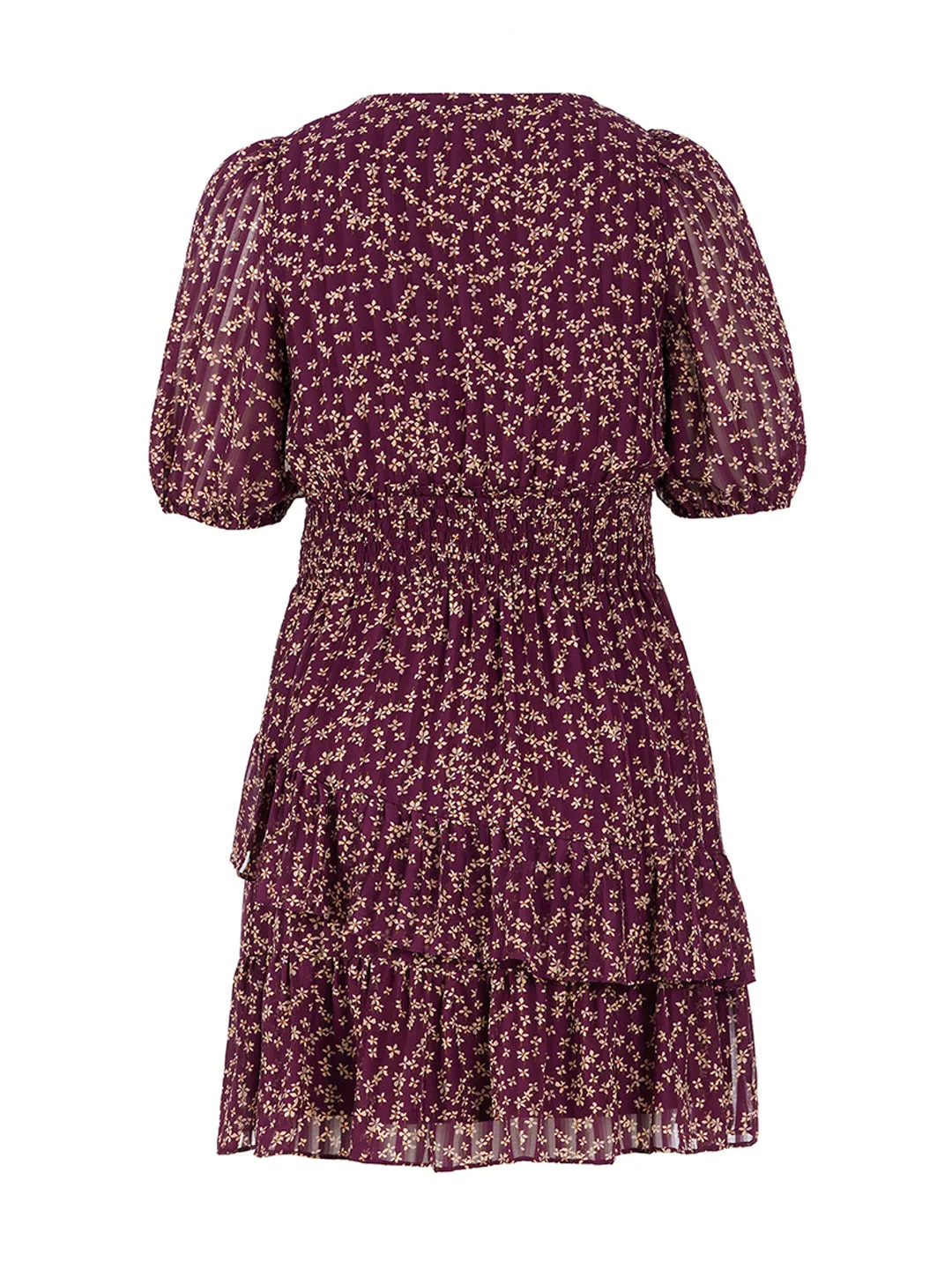 Burgundy Ditsy Floral Tiered Fit-And-Flare Dress