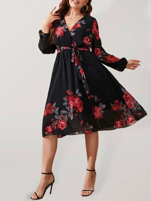 Chic V Neck Tie Waist Big Swing Floral Plus Size Dresses