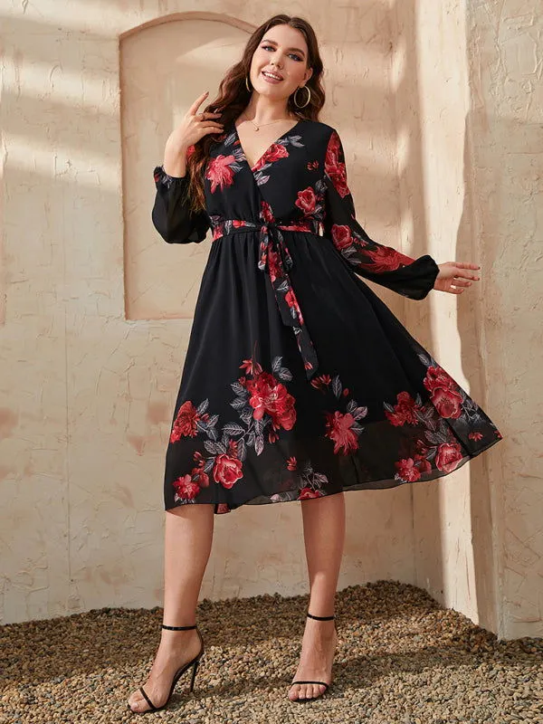 Chic V Neck Tie Waist Big Swing Floral Plus Size Dresses