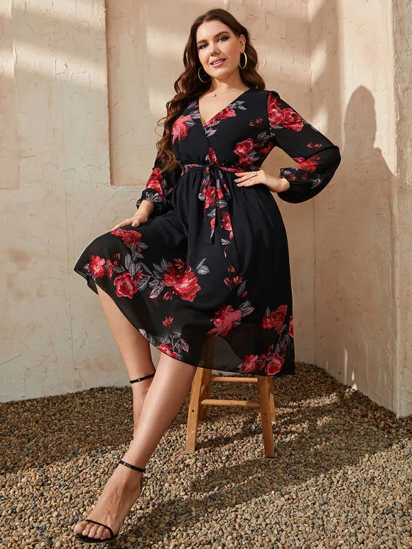 Chic V Neck Tie Waist Big Swing Floral Plus Size Dresses