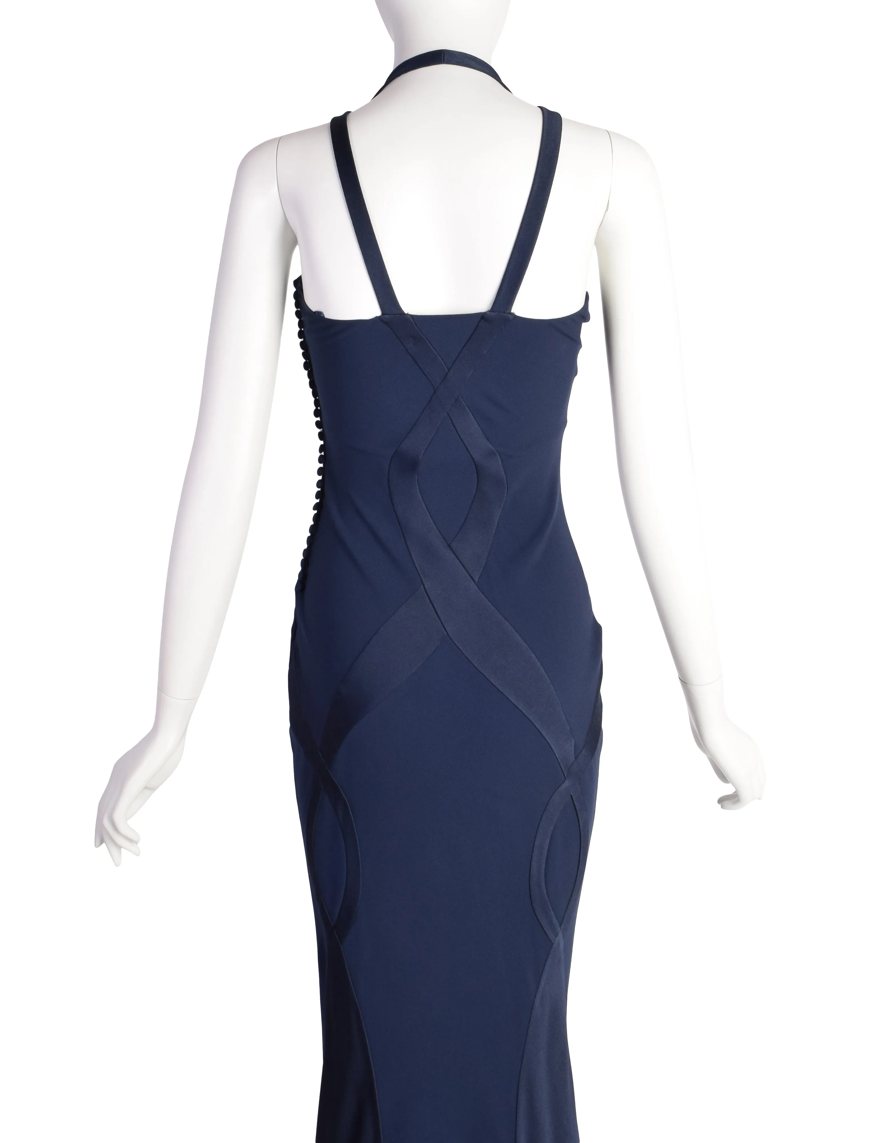 Christian Dior Vintage AW 2004 by John Galliano Navy Blue Bias Flare Silk Inlay Evening Gown