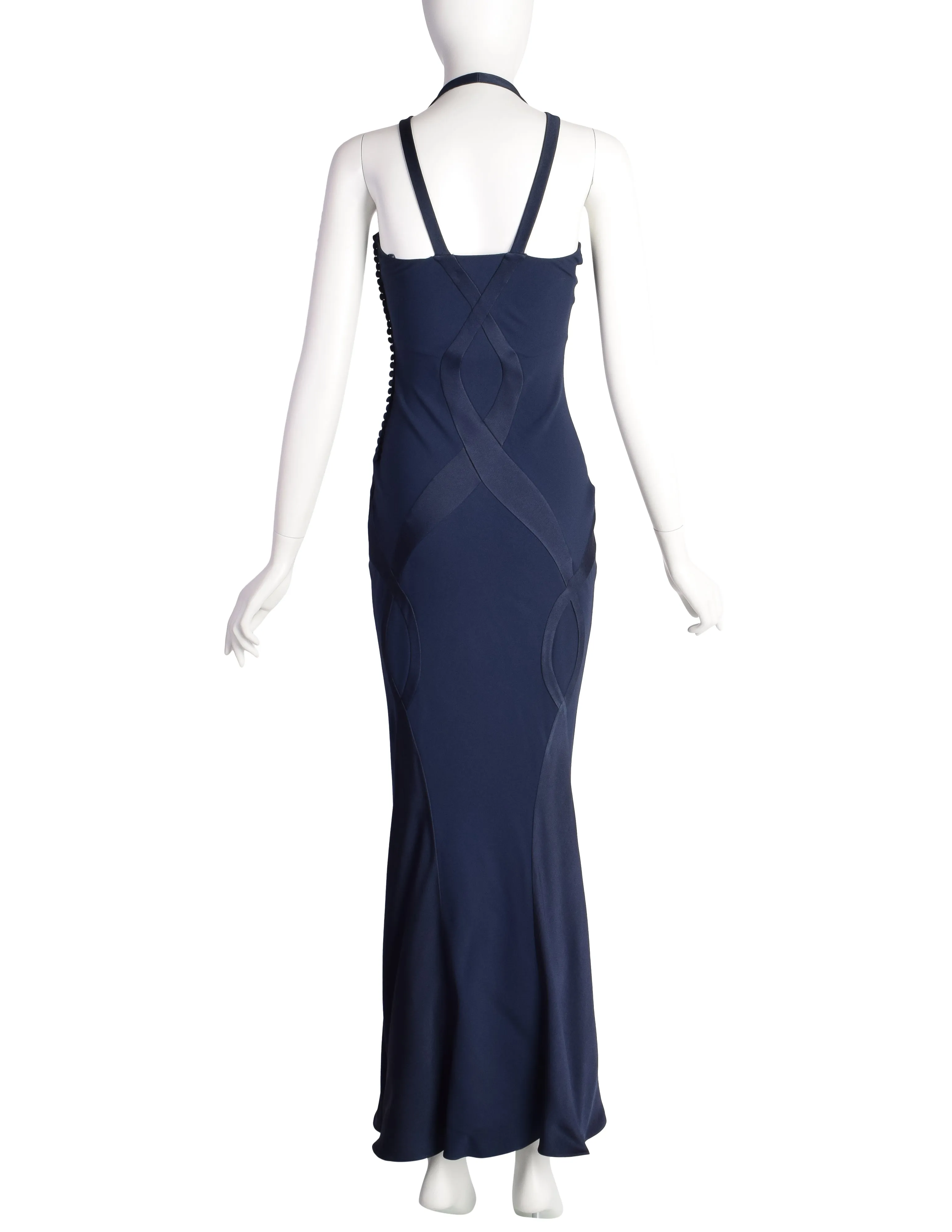 Christian Dior Vintage AW 2004 by John Galliano Navy Blue Bias Flare Silk Inlay Evening Gown