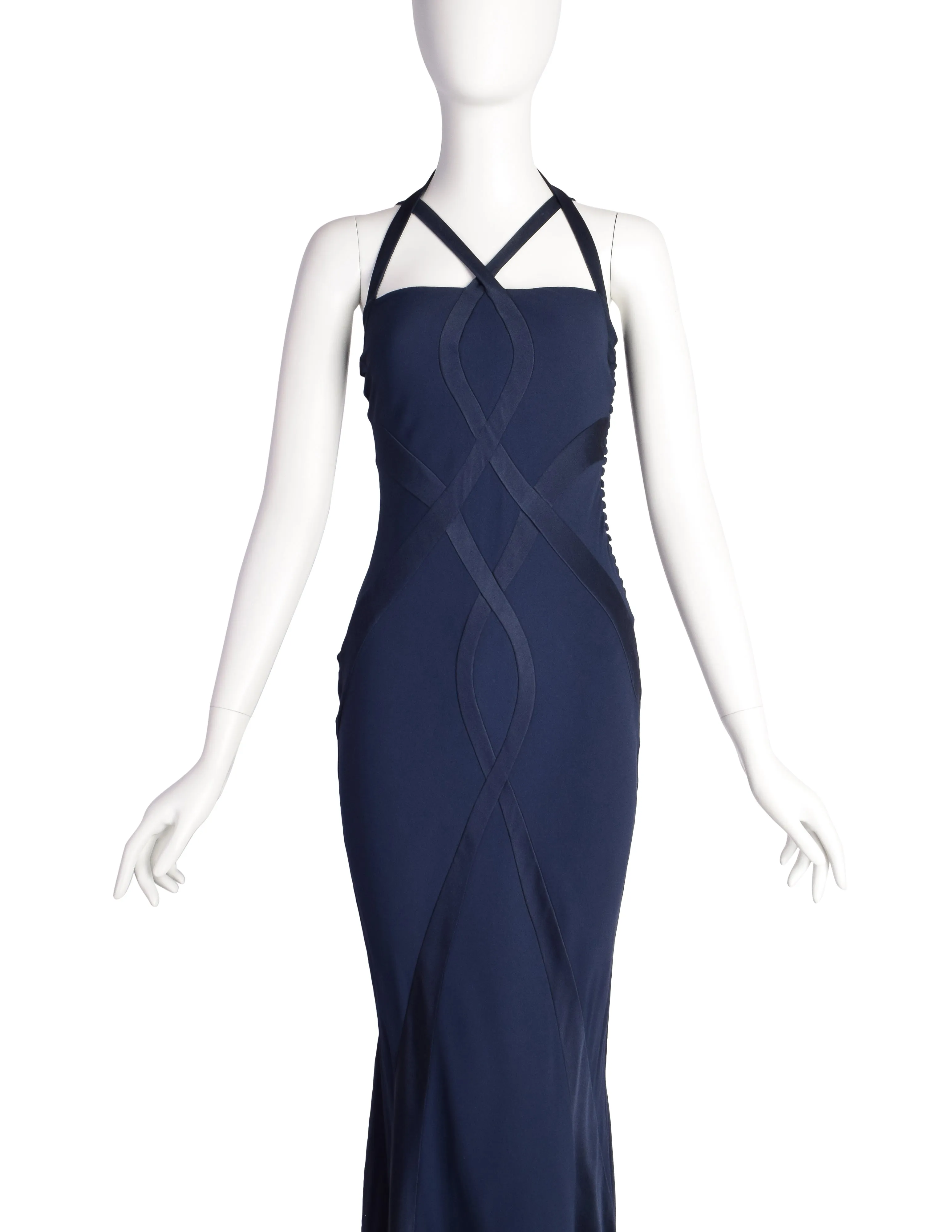 Christian Dior Vintage AW 2004 by John Galliano Navy Blue Bias Flare Silk Inlay Evening Gown