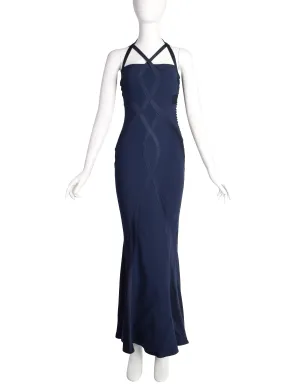 Christian Dior Vintage AW 2004 by John Galliano Navy Blue Bias Flare Silk Inlay Evening Gown