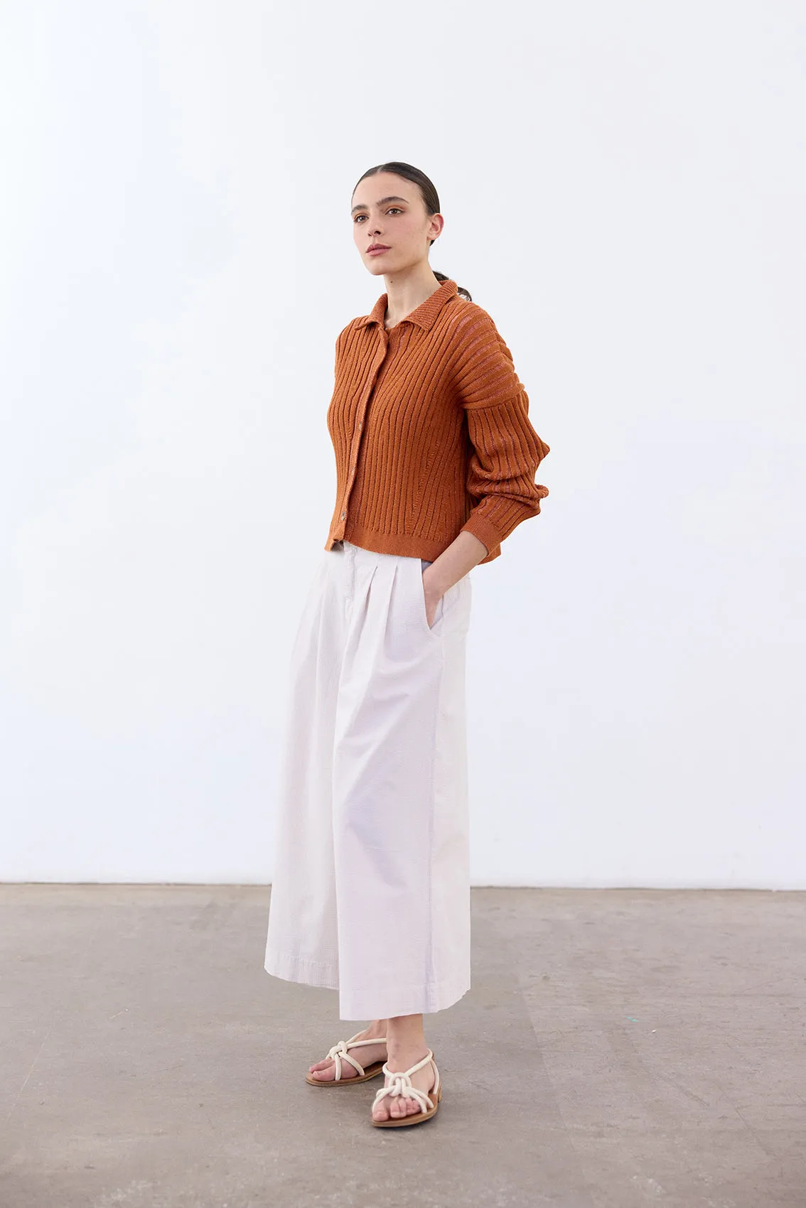 Collared Ribbed Cotton Cardigan - Zapallo