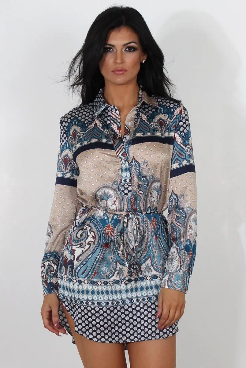 Damae Beige Paisley Print Shirt Dress