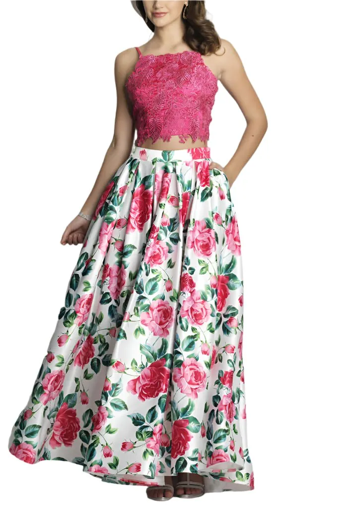 Dave & Johnny Spaghetti Strap Embellished Floral Embroidered Lace Bodice Pleated Floral Print Mikado Dress