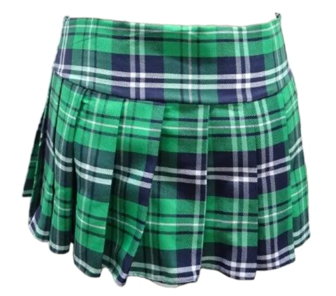 Escante Long Pleated Zipper Side School Girl Skirt Green Plaid