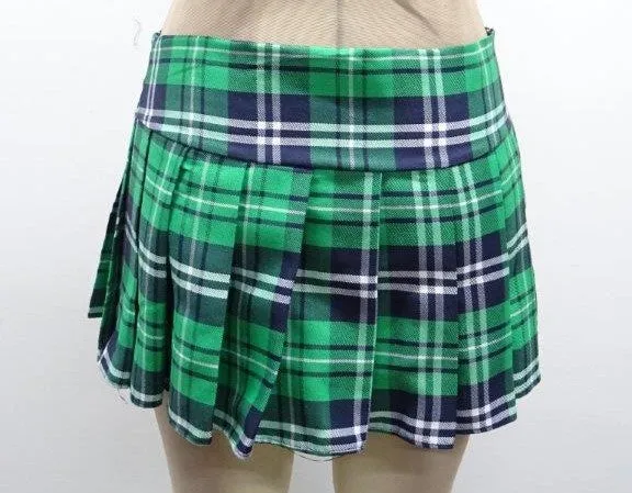 Escante Long Pleated Zipper Side School Girl Skirt Green Plaid