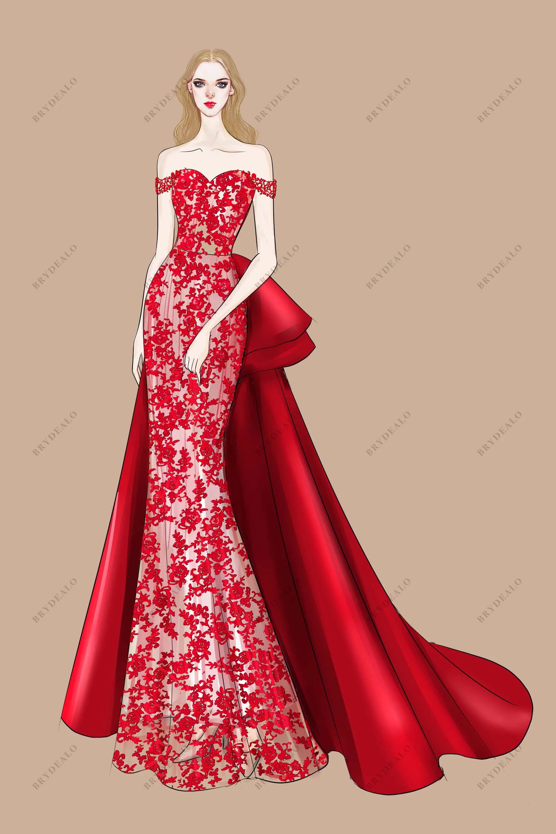 Fashion Red Off Shoulder Lace Satin Overskirt Prom Dress Sketch