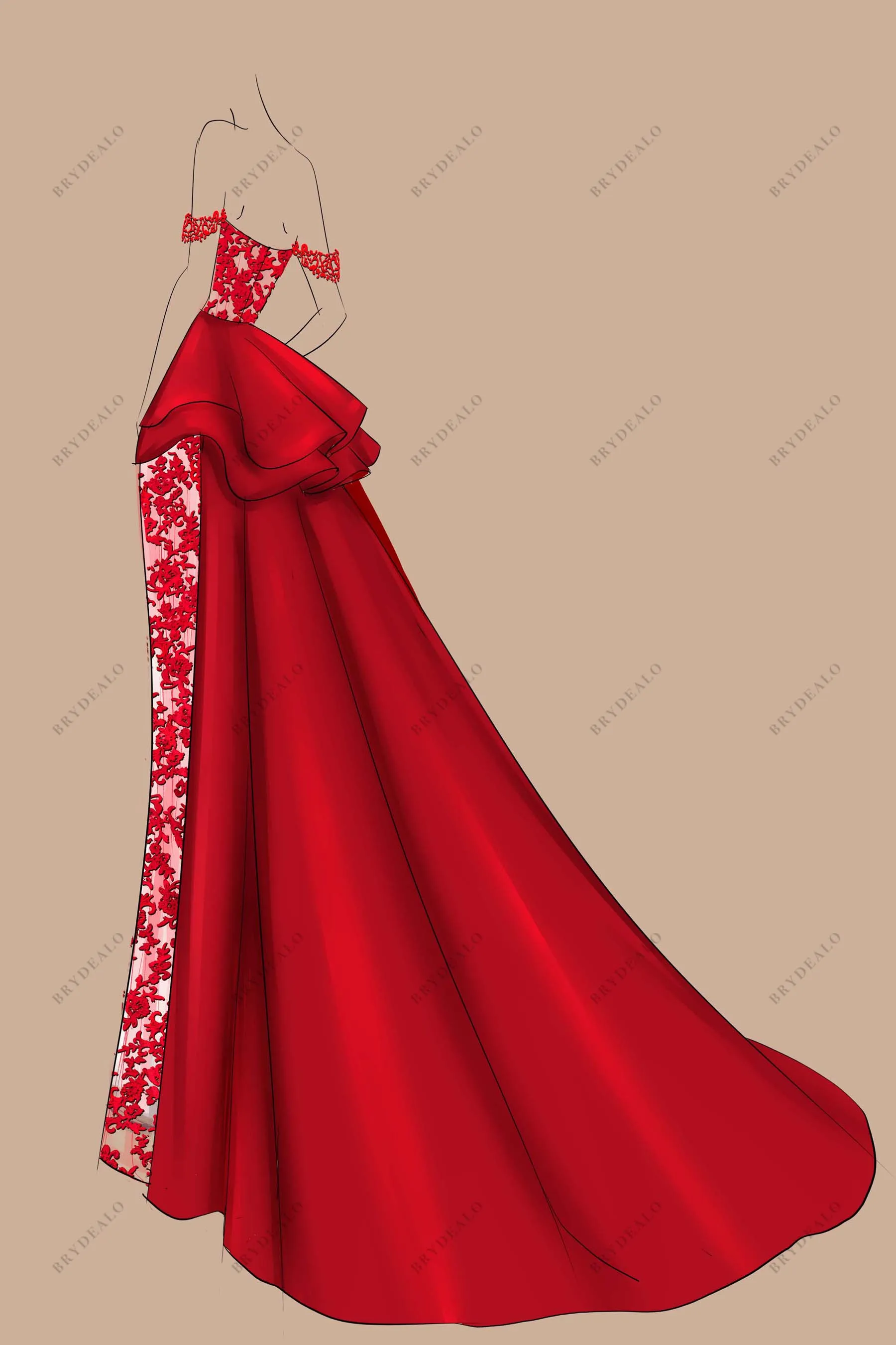 Fashion Red Off Shoulder Lace Satin Overskirt Prom Dress Sketch