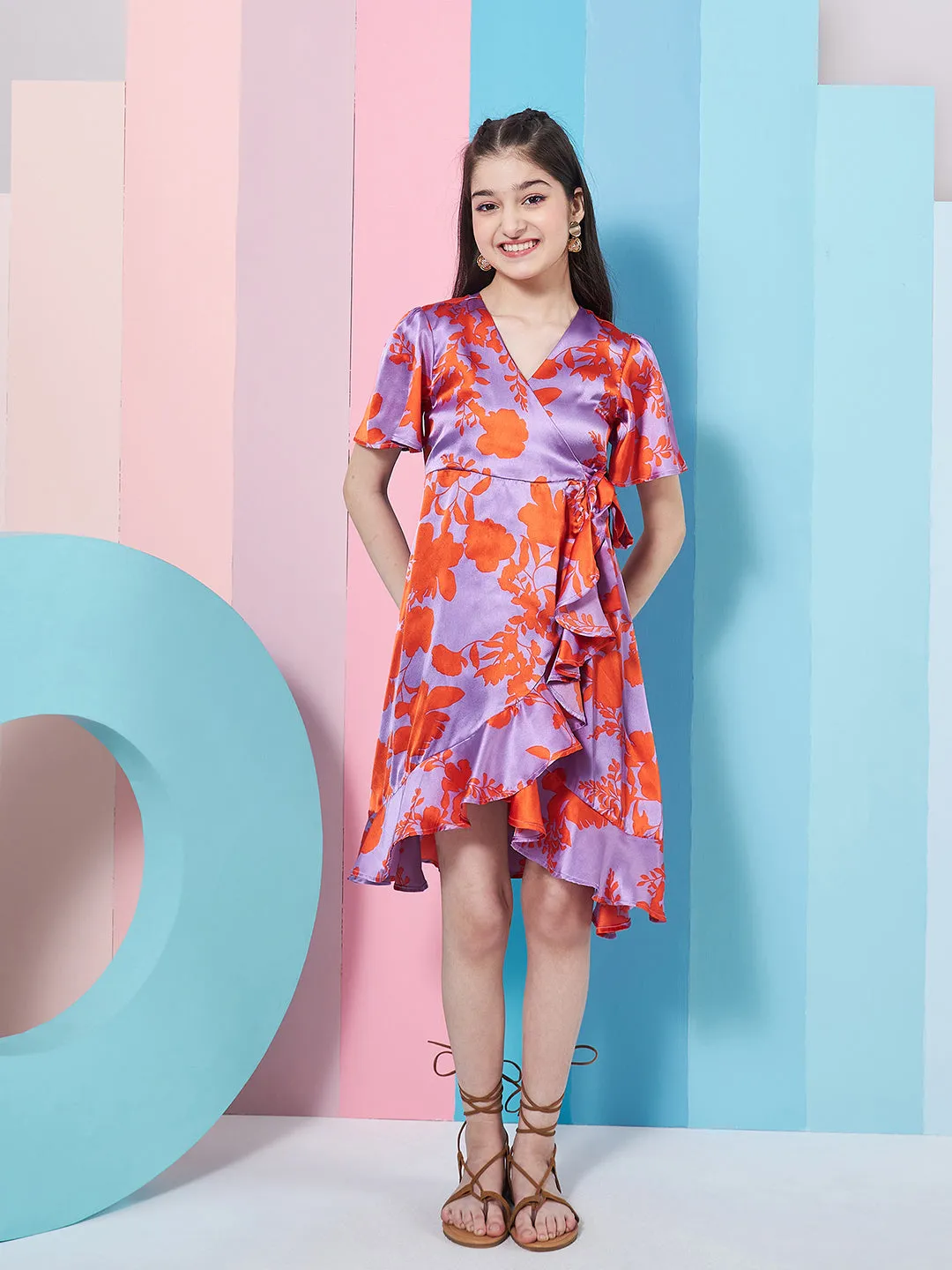 Girls Floral Printed Flutter Sleeve Satin Wrap Dress - PS Peaches