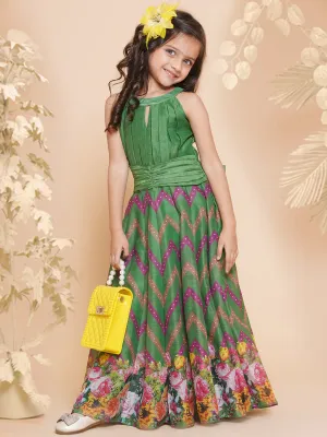 Girls Green Zig Zag Flower Digital Printed Fit & Flared Maxi Dress.