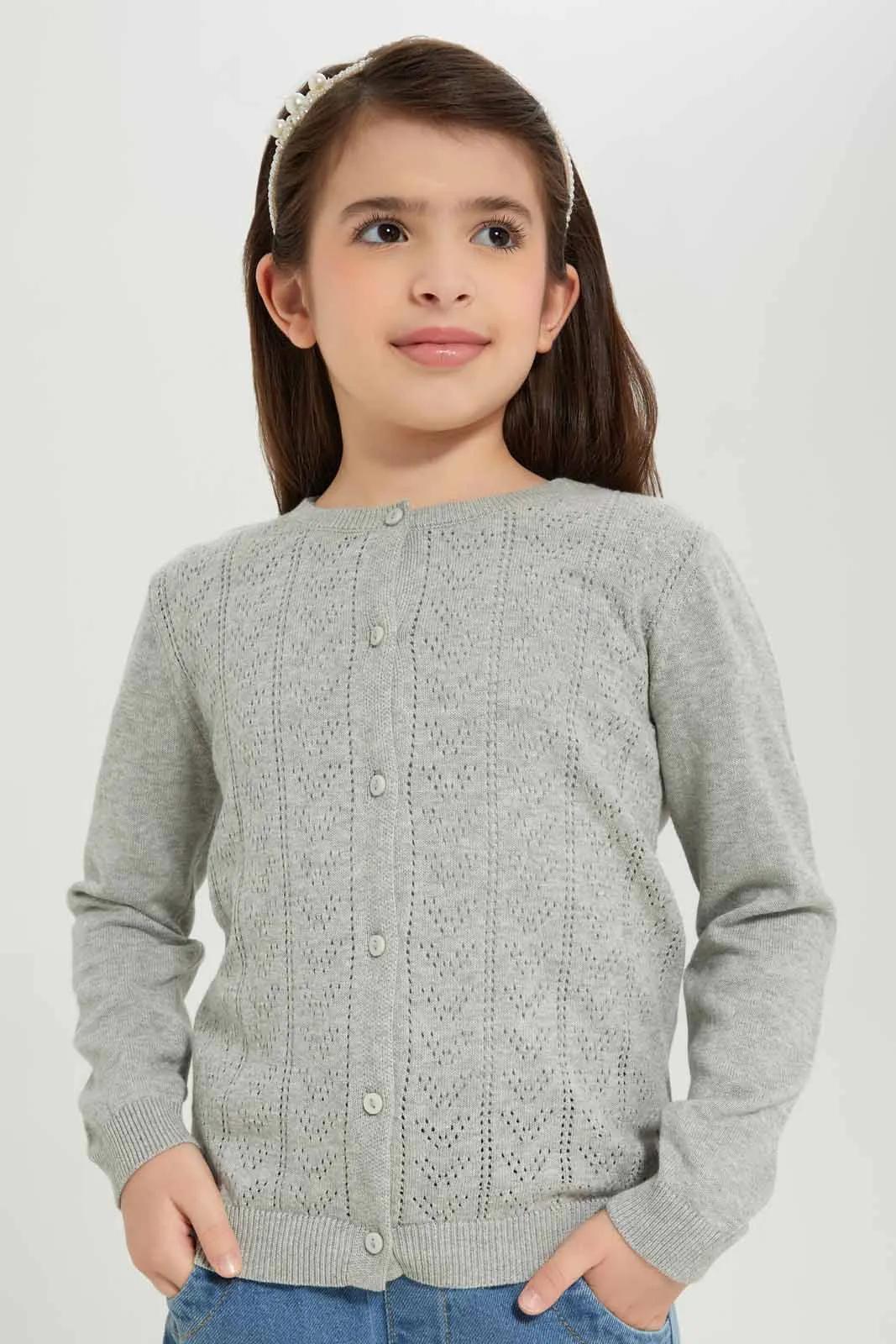 Girls Grey Jacquard Cardigan