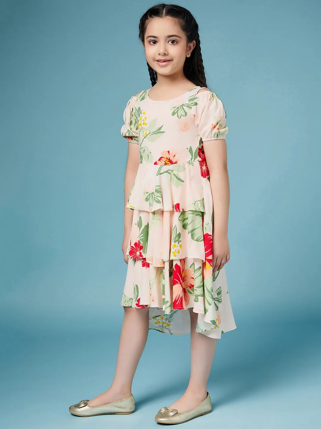 Girls High Low Layered Floral Printed Dress - Ps Peaches