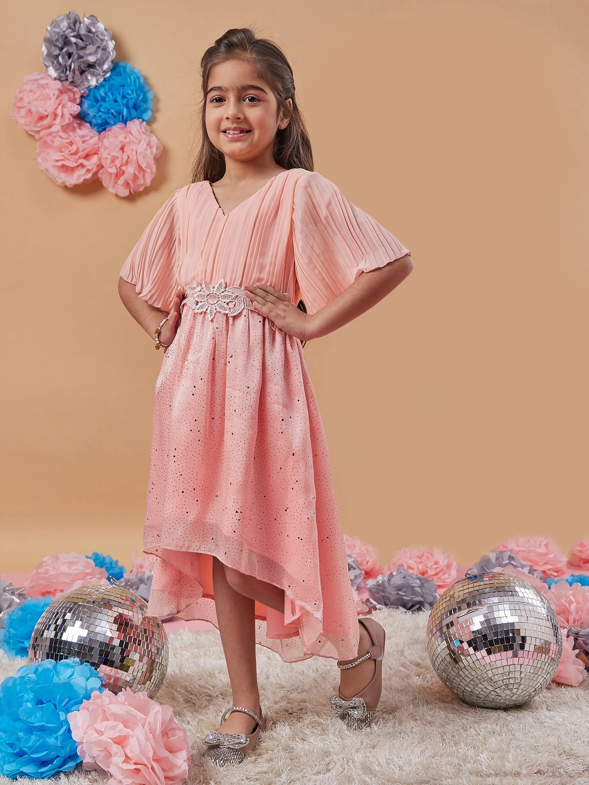 Girls V-Neck Floral Print Flared Sleeve A-Line Dress - PS Peaches