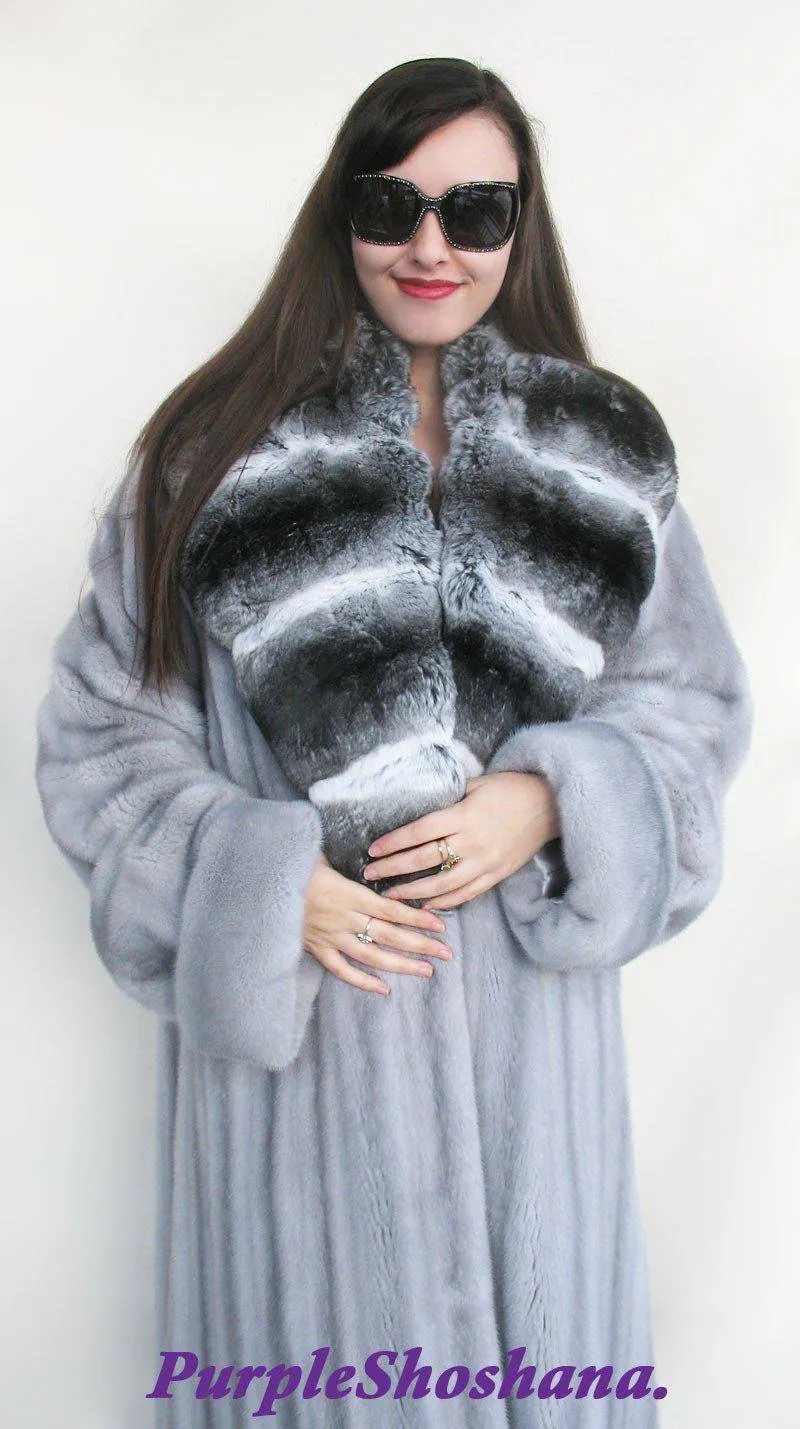 Glamorous Blue Sapphire Female Solid Silver Canadian Mink Fur Coat M/L