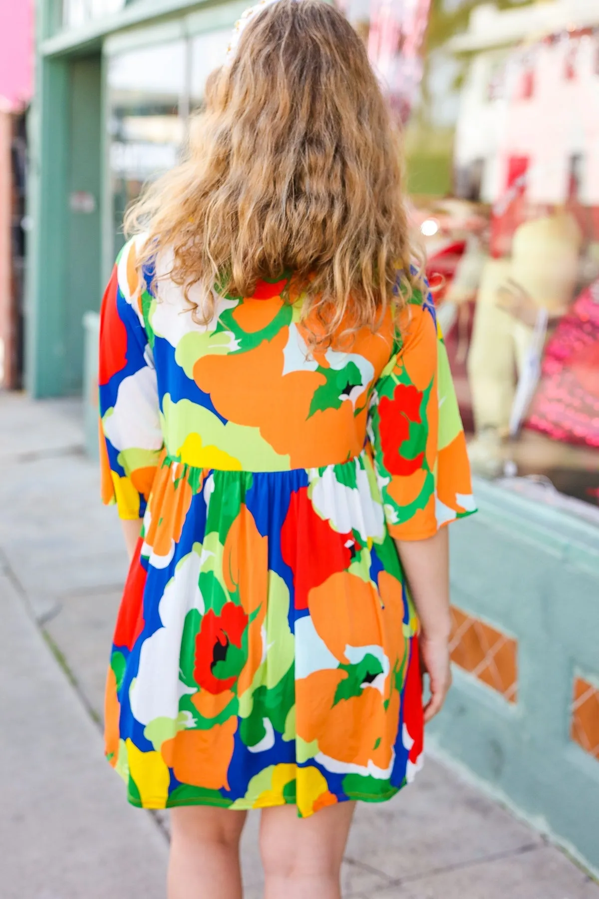 Green Floral V Neck Babydoll Dress