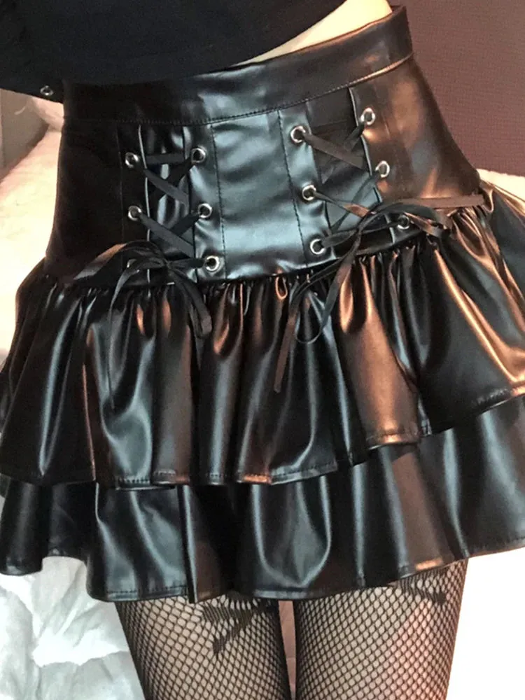 High Waist Black PU Ruffled Skirt