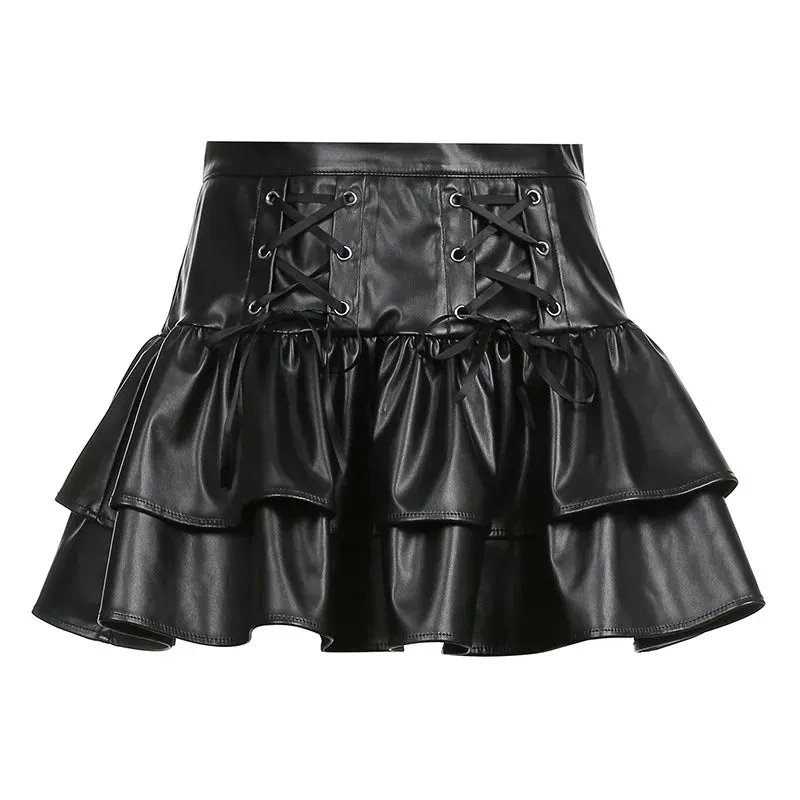 High Waist Black PU Ruffled Skirt