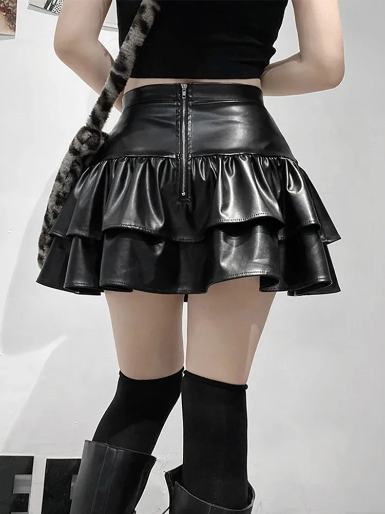 High Waist Black PU Ruffled Skirt