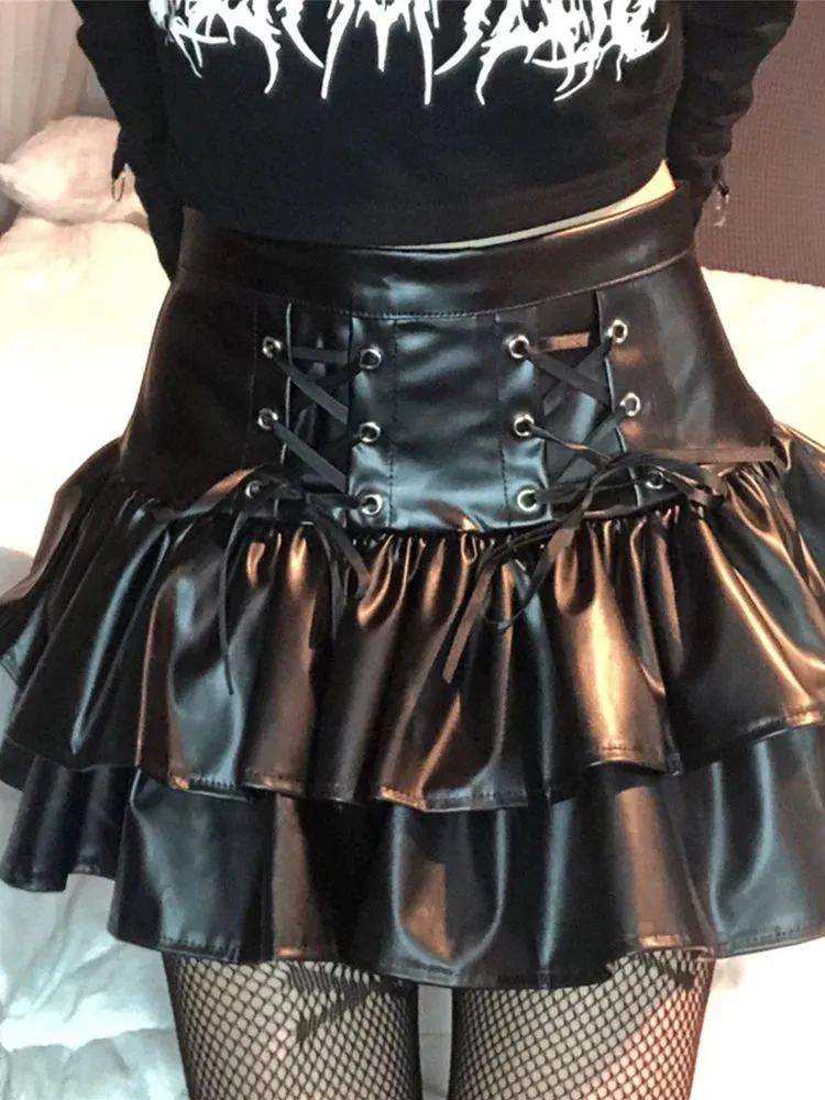 High Waist Black PU Ruffled Skirt