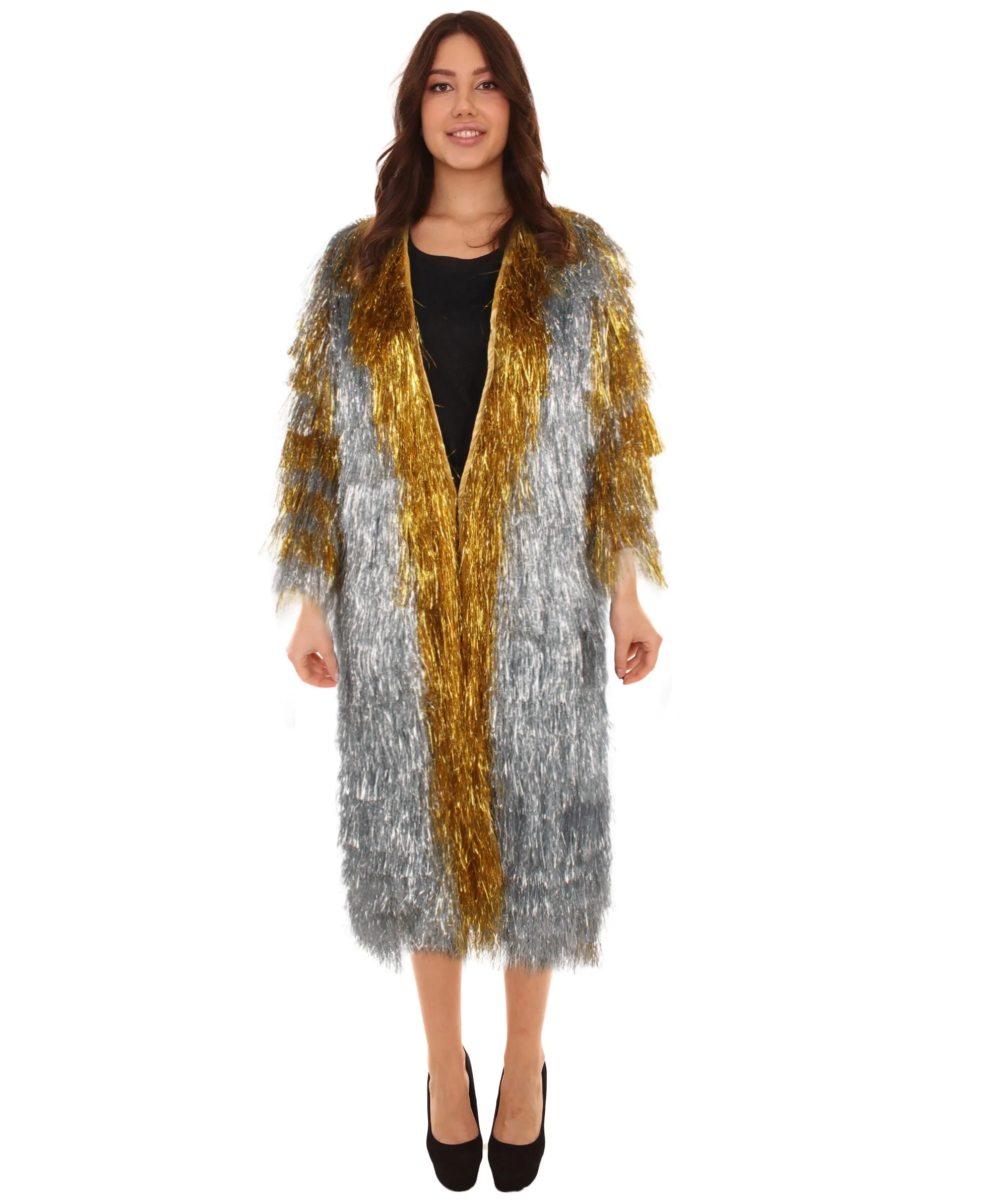 HPO Adult Women's Gold & Glitter Thin Tinsel Trenchcoat, Perfect for Halloween and Cosplay