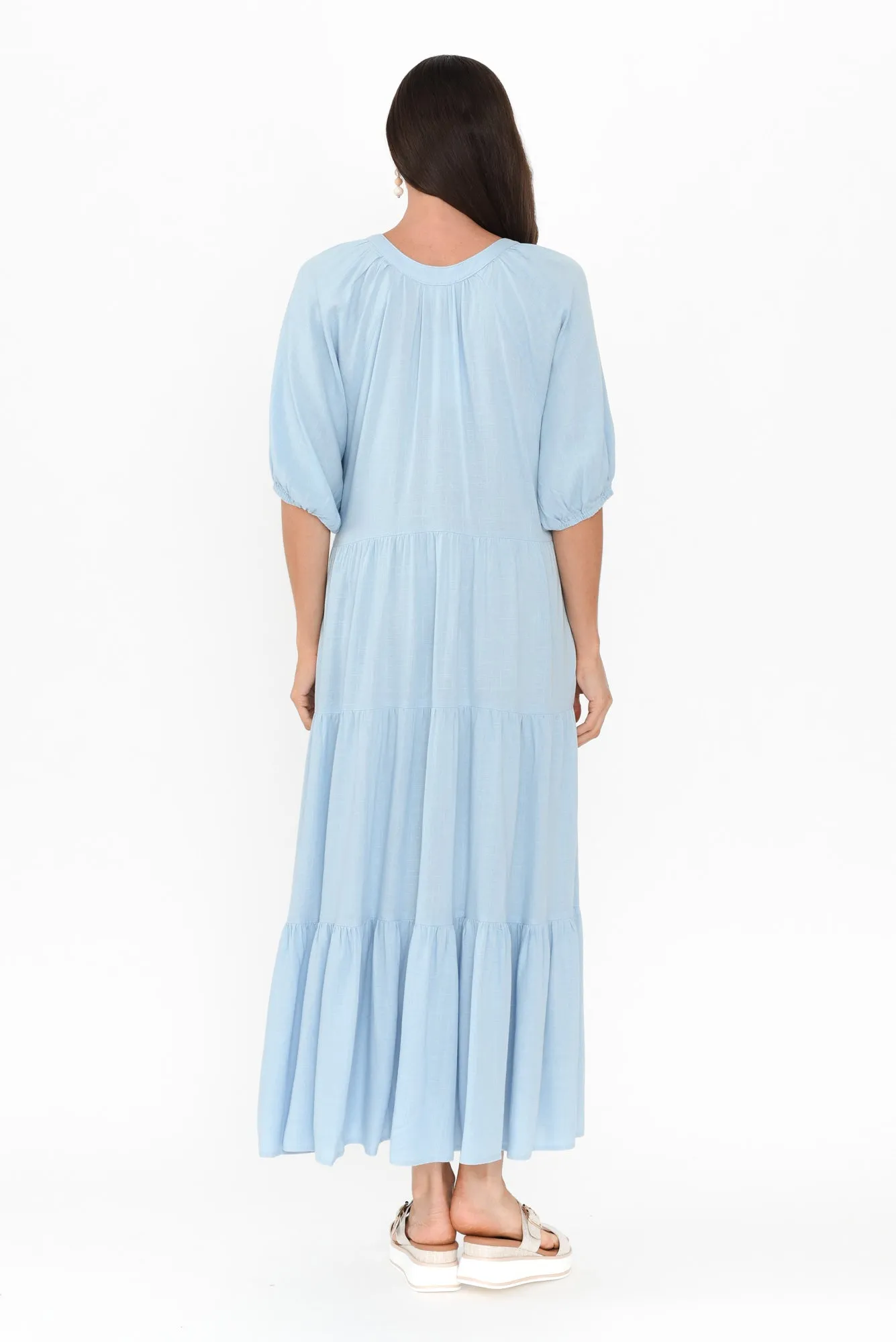 Imogene Light Blue Cotton Linen Tiered Dress