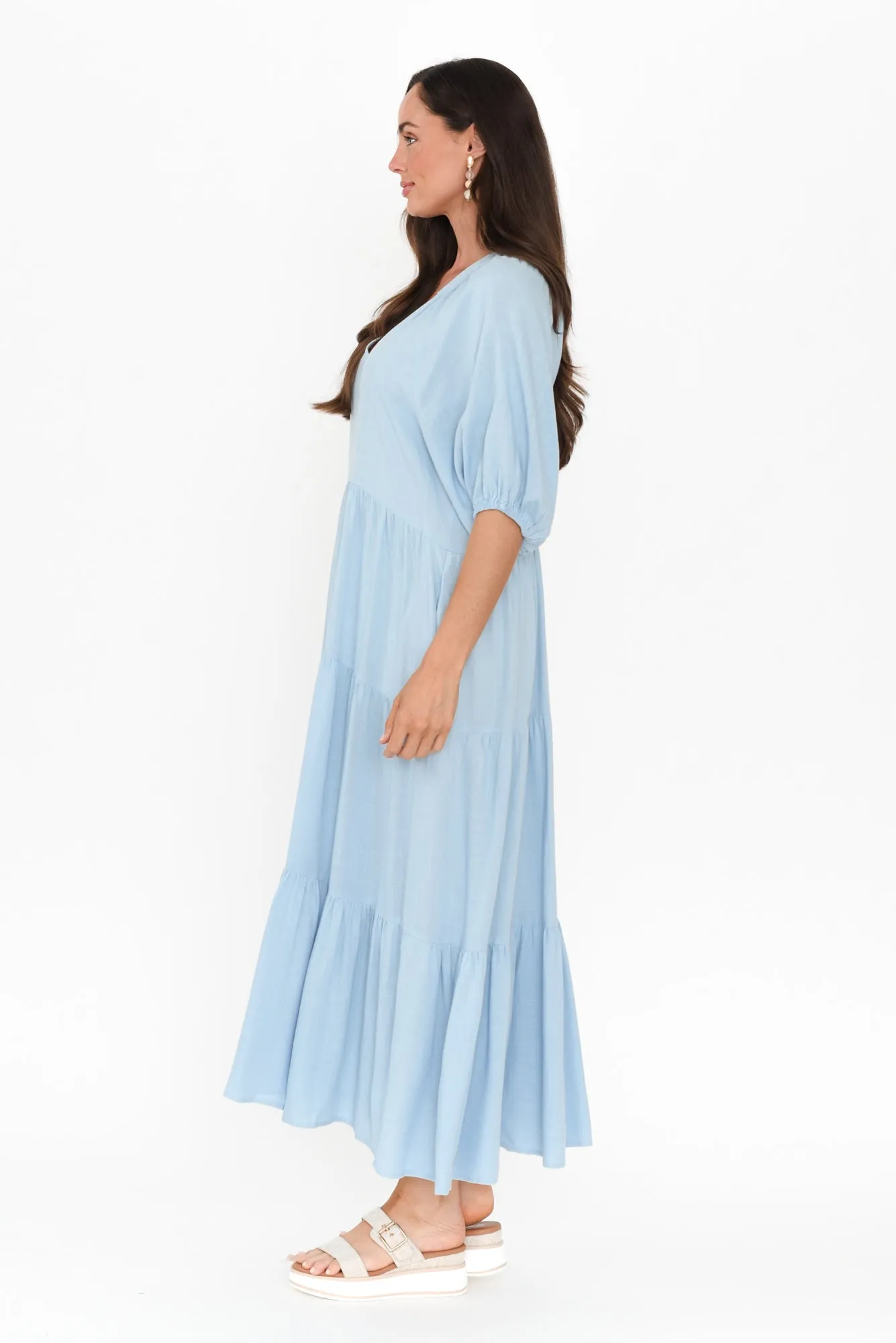 Imogene Light Blue Cotton Linen Tiered Dress