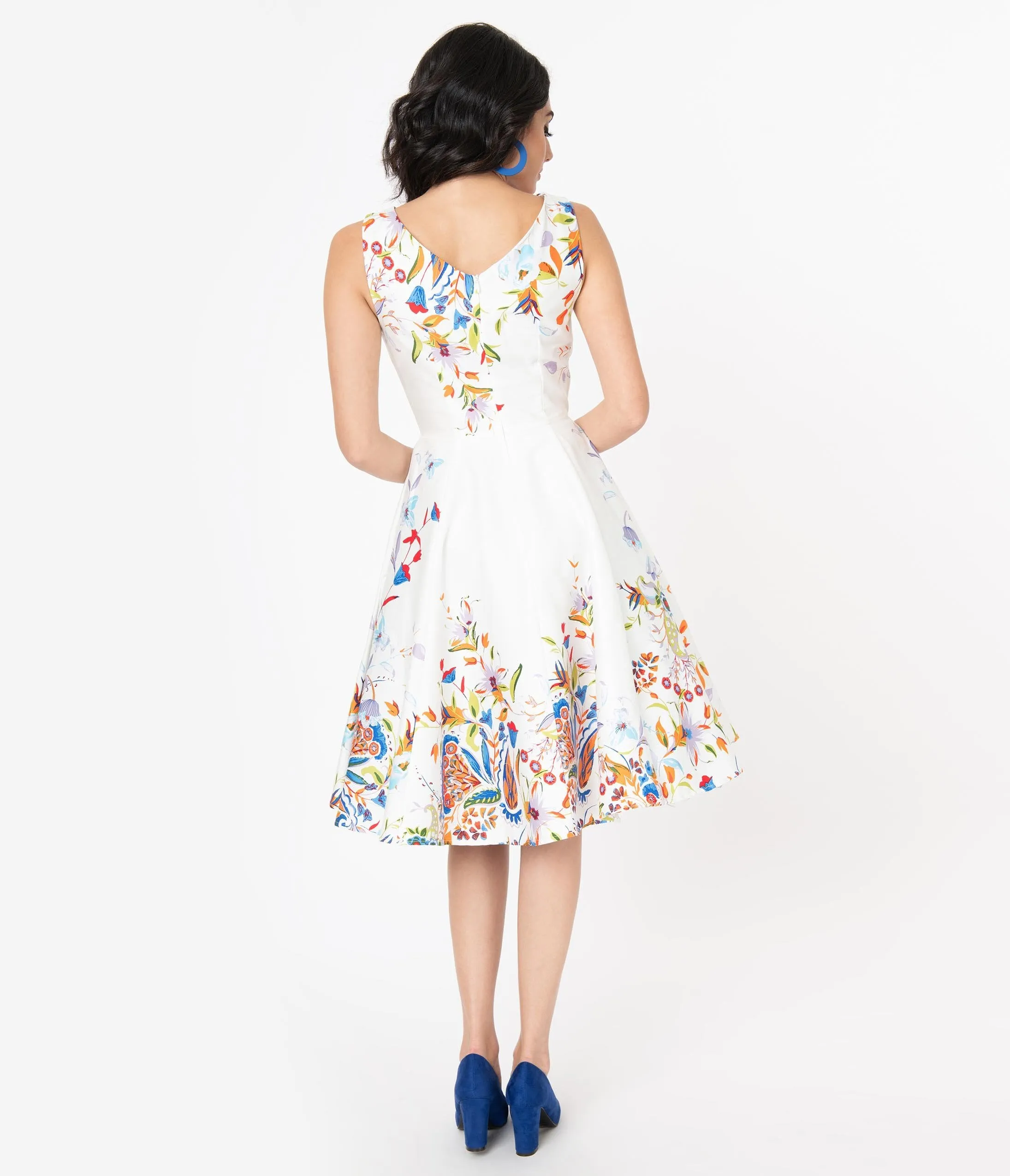 Ivory Double Border Floral Print Swing Dress